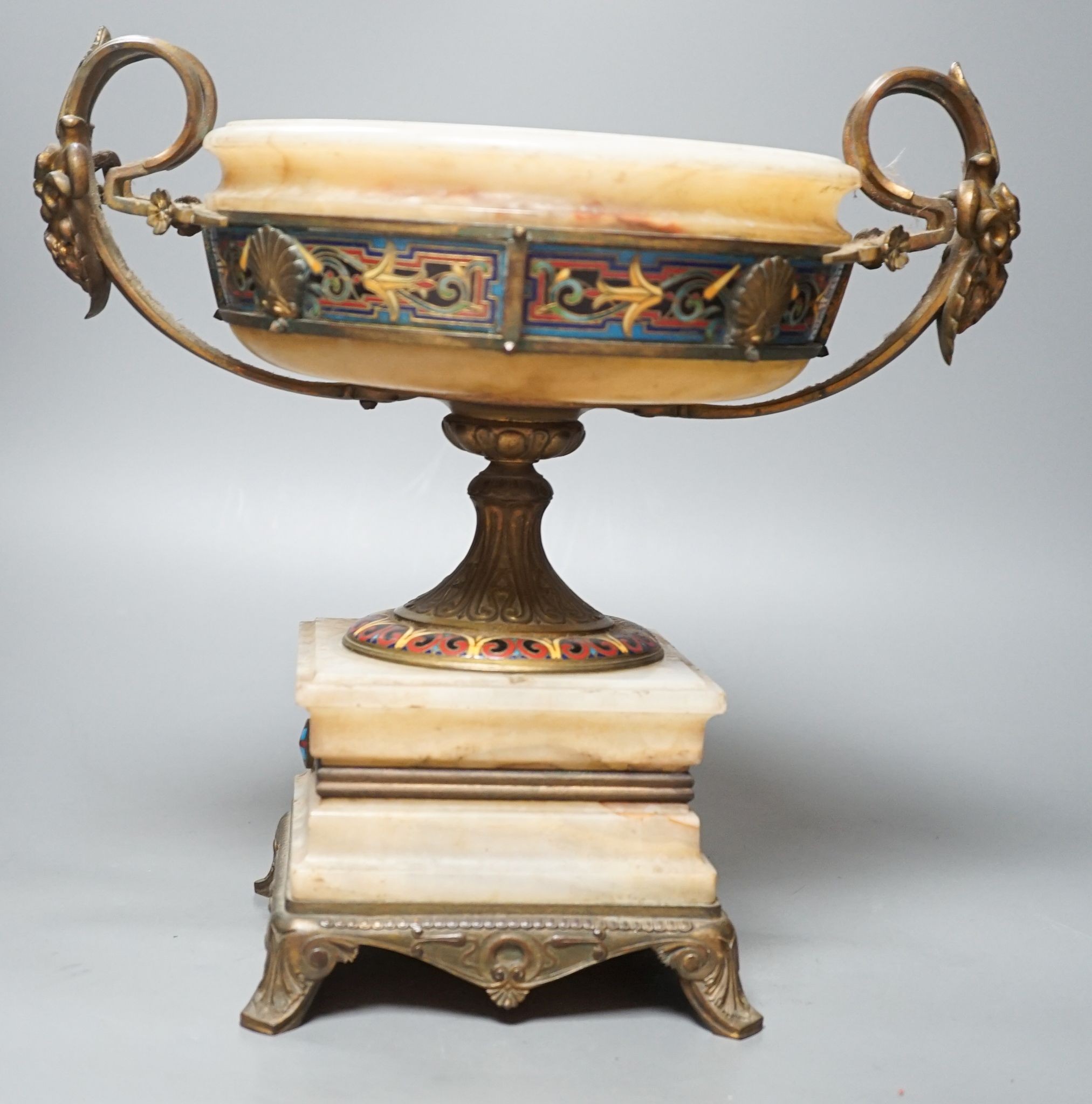 A late 19th century Barbedienne ormolu, champleve enamel and onyx centrepiece 30cm, engraved mark ‘F BARBEDIENNE’